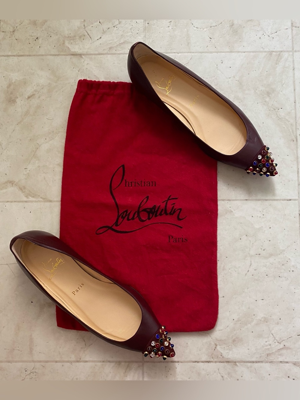Christian Louboutin Cabo Burgundy Leather Studded Pointed Toe Ballet Flats 6.5